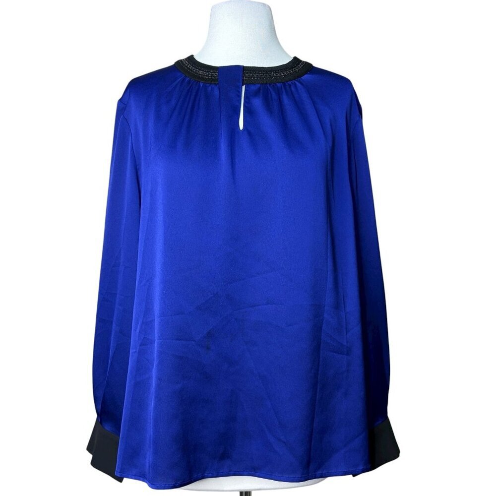 Ming Wang Satin Blouse Long Sleeve Dark Blue Black Size Large